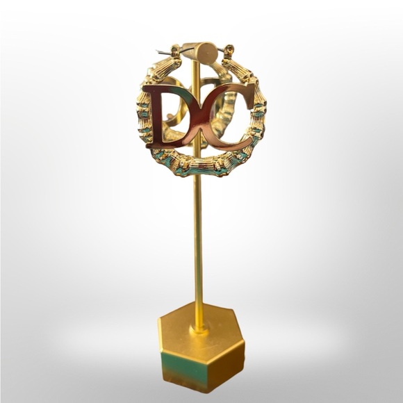 NEW 2.5” (Medium) 14k GOLD PLATED "CITY" LOGO BAMBOO HOOP EARRINGS - Picture 5 of 6